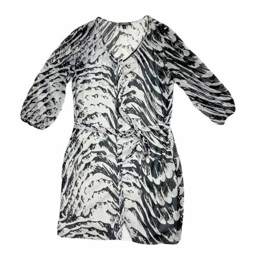 Express Grey Black Zebra Print 3/4 Sleeve Button Down Shift Dress‎ Size Small